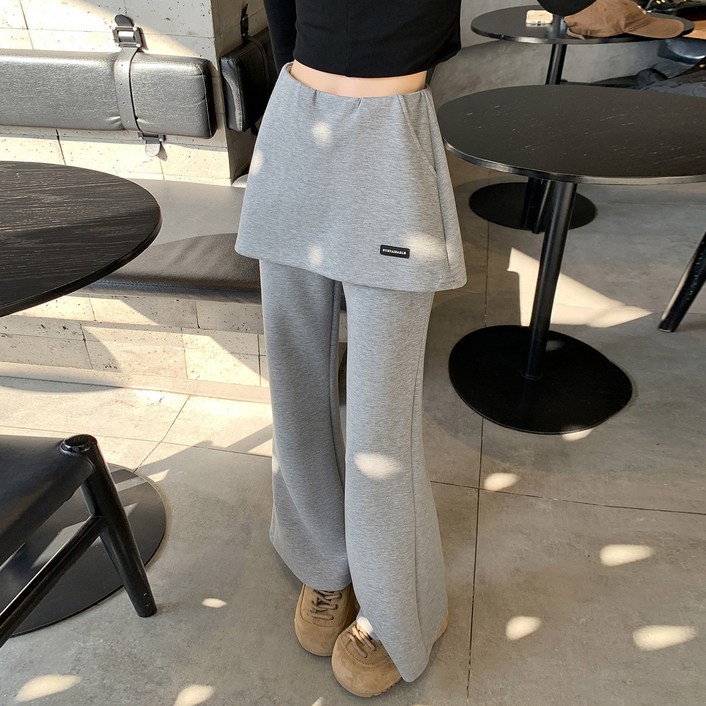 ANYOU 여성 바지 치마 바지 일체형 스판 슬렉스 세미와이드 나팔 바지