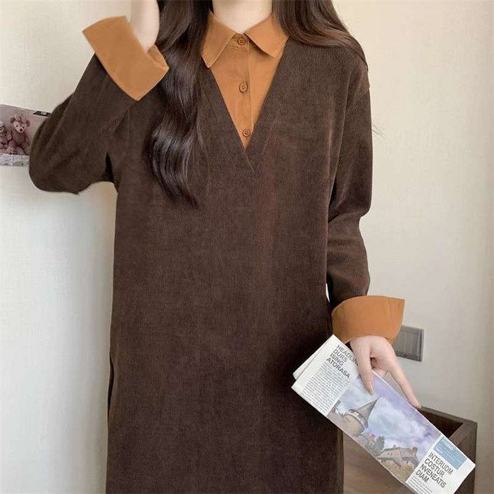 ORZQU 가을 여성 셔츠 칼라 캐주얼 솔리드 심플 원피스