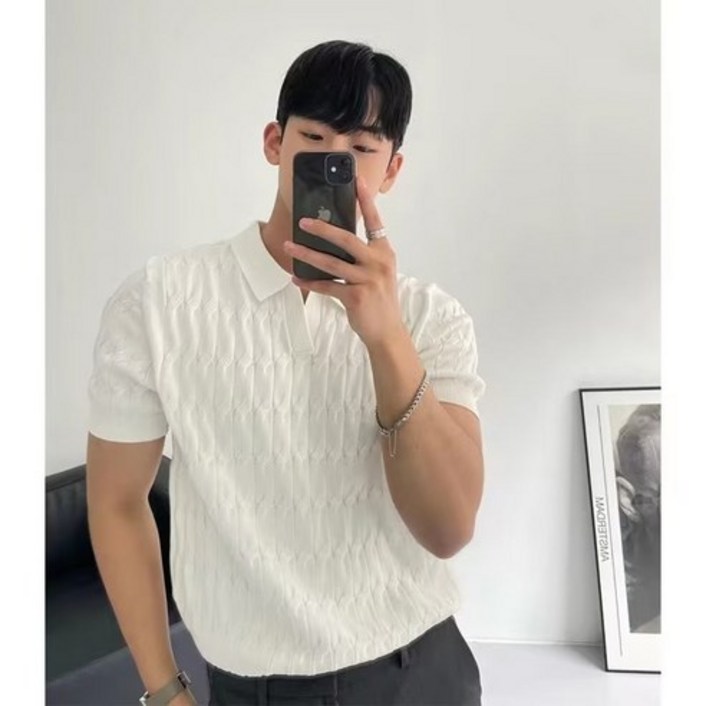 남성용 머슬핏 반팔 카라니트 티셔츠 3COLOR