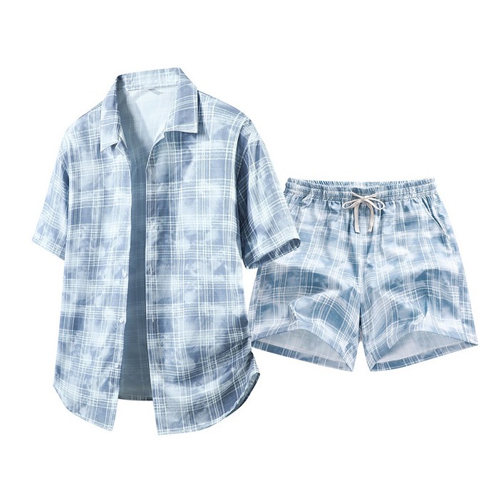 ANYOU 여름 남성 심플 체크 셔츠 세트 코디 반바지+셔츠 투피스