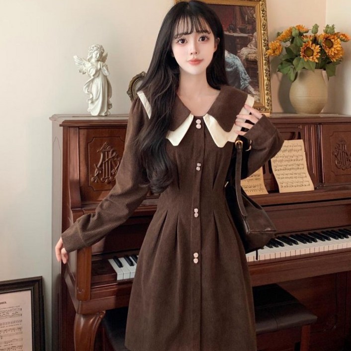 소닛 여성스러운 코튜로이 원피스 이중가라 a라인