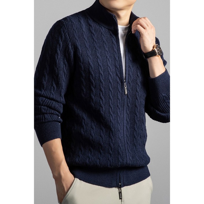 남성 가을 겨울 꽈배기 울 지퍼가디건