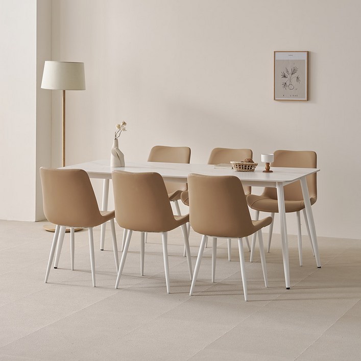 라로퍼니처 비비드 1800 포세린 통세라믹 식탁 테이블  의자 6p 세트 6인용 방문설치, 식탁화이트, 의자브라운6P, 일반의자 6