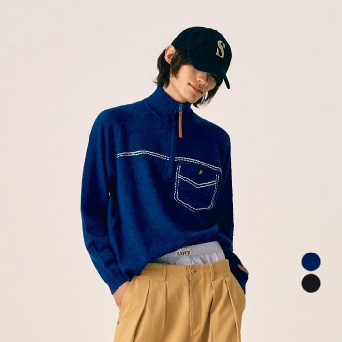 세터 남녀공용 포켓 스티치 하프 니트 집업