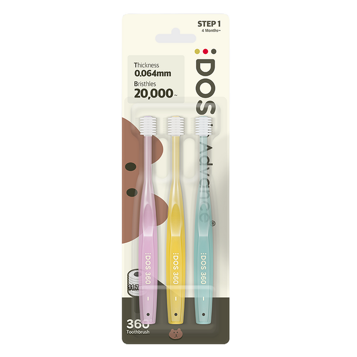 DOS 도스인어드밴스 360 아기칫솔 1단계, 바이올렛 옐로우 민트, 1개