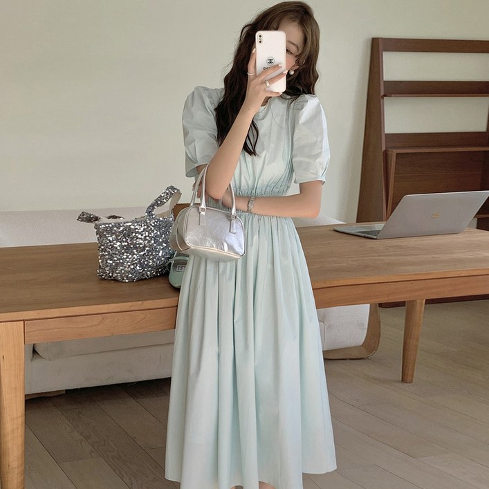 타니즈 여성용 람테 러블리 스모크밴딩 퍼프 코튼 반팔 롱원피스