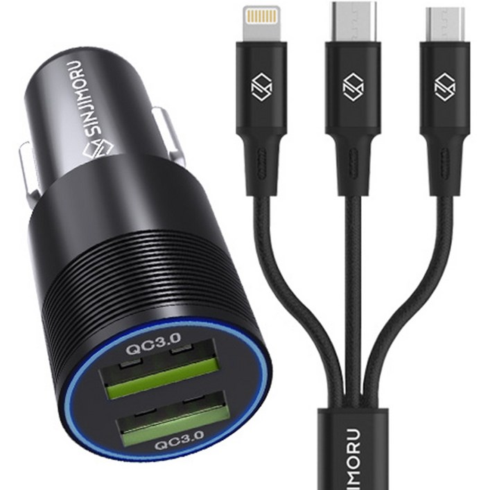 신지모루 듀얼포트 차량용 USB 3.0 충전시거잭 + 메두사 3in1 멀티 충전 케이블 0.7m