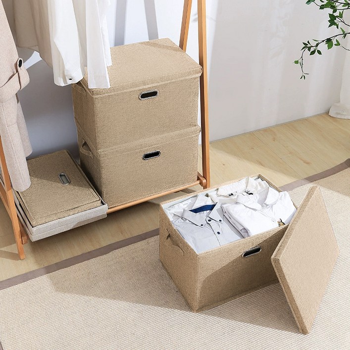 MF스토어 린넨 패브릭 다용도 접이식 수납 폴딩 리빙 박스, 베이지, 2개