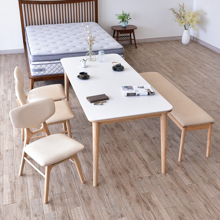 이즈네이처 브론디 애쉬원목 식탁 6인용 + 벤치 + 의자3p 세트 방문설치, 브라운 계열(프레임, 의자, 벤치), 퓨어화이트(상판), 일반 3 + 벤치 1