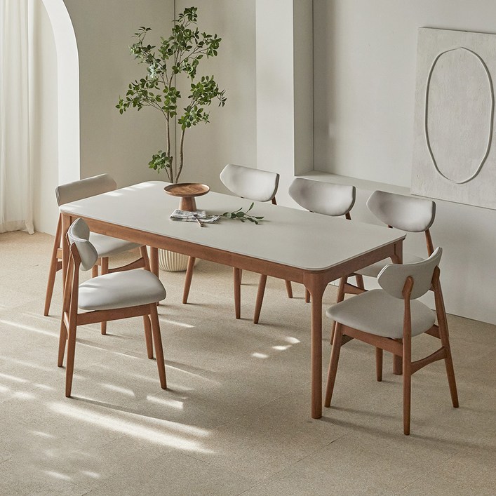 파로마 채튼B 1800 통세라믹 원목식탁  의자세트 6인 방문설치, 베이지상판  월넛원목, 일반의자 6