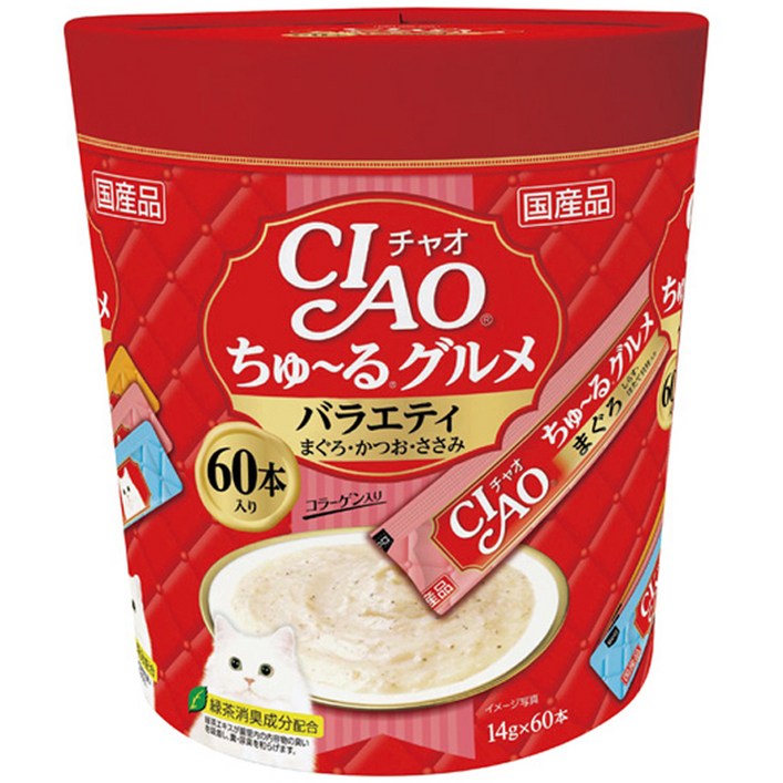 챠오 츄르 구루메 버라이어티 고양이 간식 60p, 참치, 닭가슴살, 가다랑어, 14g, 60개