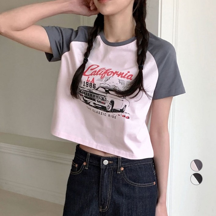 아피나르 여성용 California 세미크롭 라글란 반팔 티셔츠