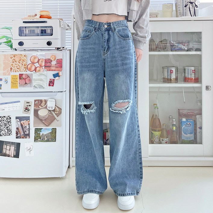 잘빠진 여성용 크러쉬 코튼 찢청 세미와이드 일자 팬츠