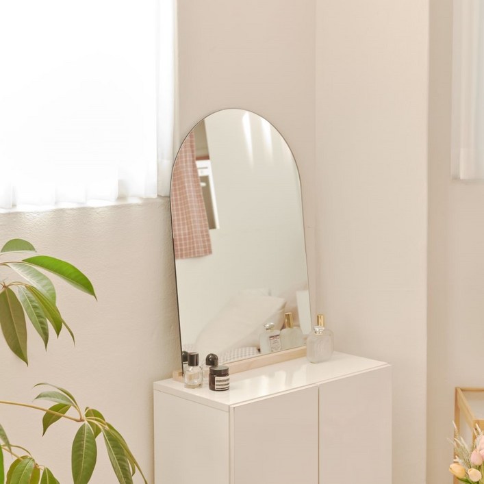 라망 커브 노프레임 화장대 거울 M 400 x 600 mm  원목 받침대 세트, 혼합색상