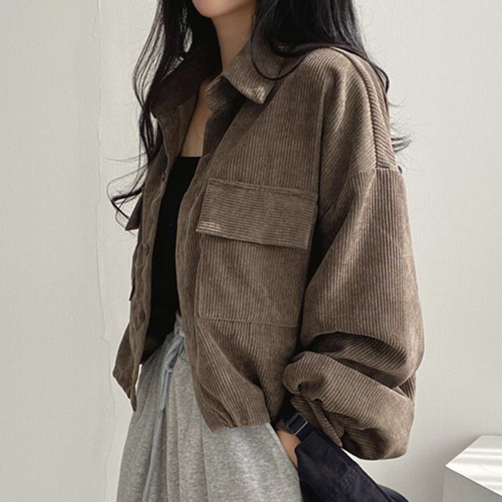 패션플로우 여성용 라펠 숏 코듀로이 포켓 캐주얼 셔츠 재킷
