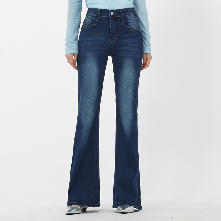 엘쏘 여성용 캣 워싱 세미 와이드 부츠컷 데님