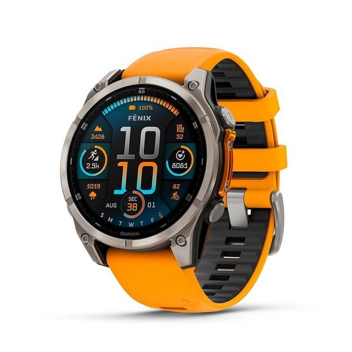 Garmin fēnix® 8 – 47mm, AMOLED, 사파이어, 프리미엄 멀티스포츠 GPS 스마트워치, 오래 지속되는 배터리 수명, 다이빙 등급, 내장 LED 손전등,, 1개, 오렌지그래파이트 밴드가 있는 티타늄