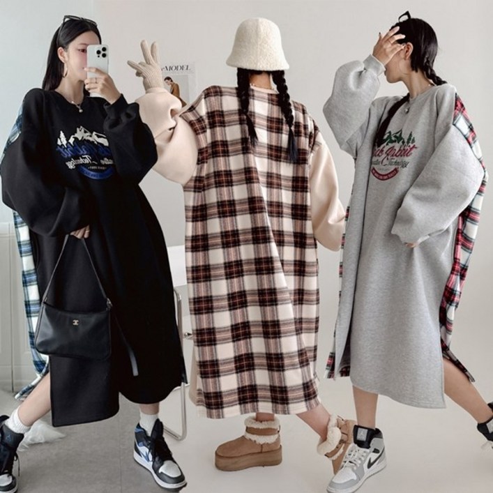 렛잇샤인 오버핏 기모 겨울 빅사이즈 홈웨어 라비 롱원피스