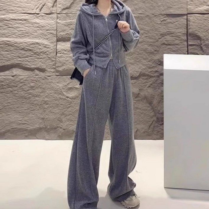 AOKADA 여성 후드 집업 트레이닝 상의 와이드 팬츠 투피스 가을 츄리닝 상하의 세트