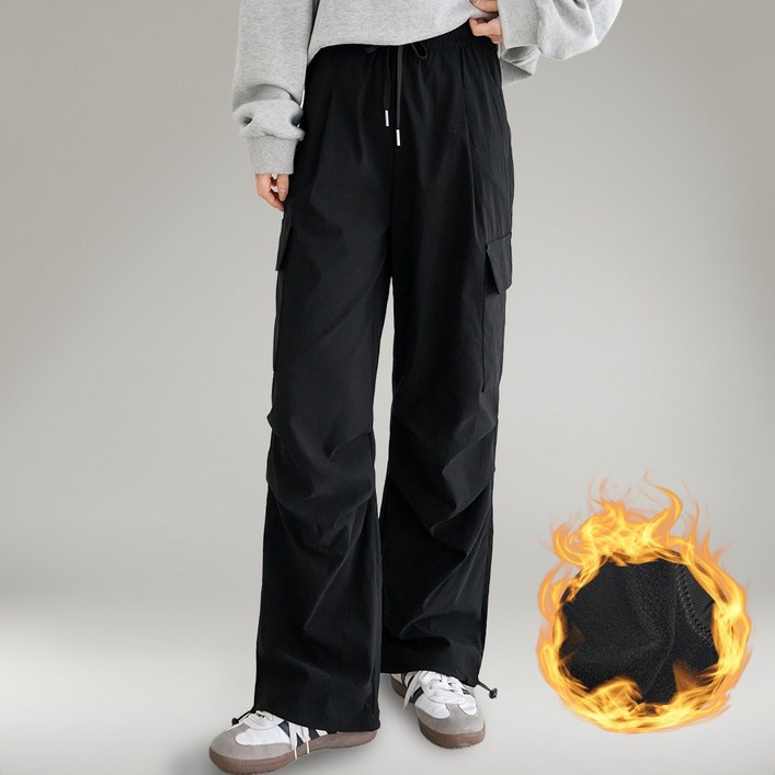 지나홈 여성 와이드 겨울 기모 스판 카고 팬츠 스트링 바지