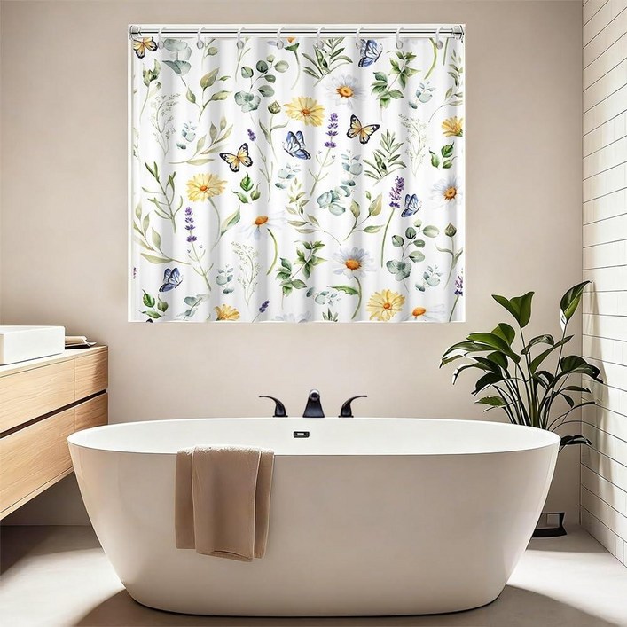 짧은 샤워 커튼, 수채화 그린 리프 데이지 나비 욕조 샤워 커튼 세트 후크 포함 방수 커튼 워킨 욕조 또는 스텝 인 욕조용 182.9 x 121.9cm(72 x 48인치)