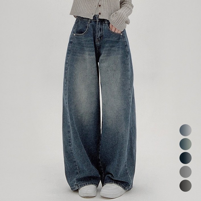 코모도 여성 와이드 청바지 절개 라인 롱 데님 팬츠  2단기장