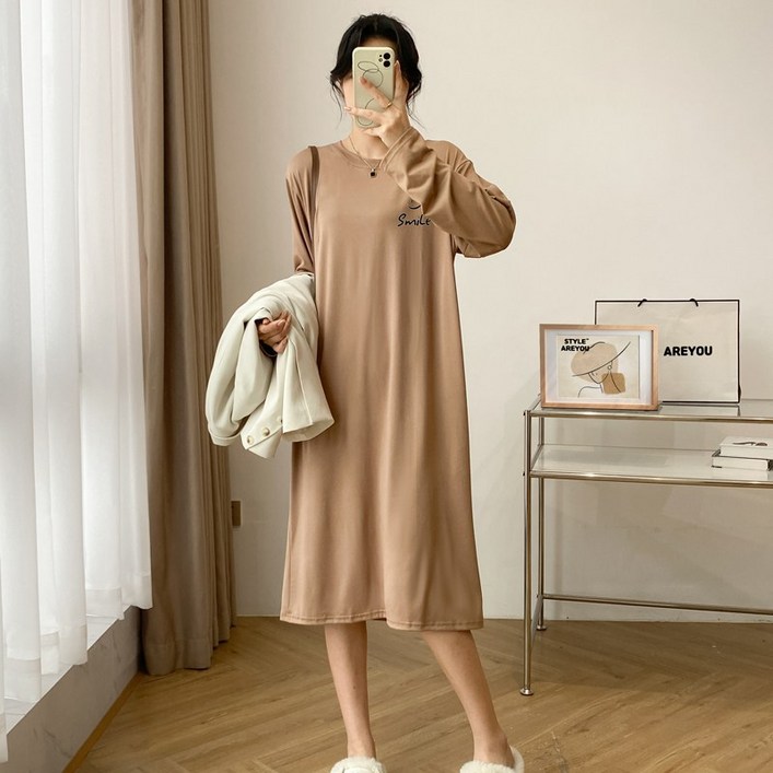 스타일아유 여성 롱원피스 오버핏 빅사이즈(66~99) Smile 미소 레터링 홈웨어 롱티  OP1567