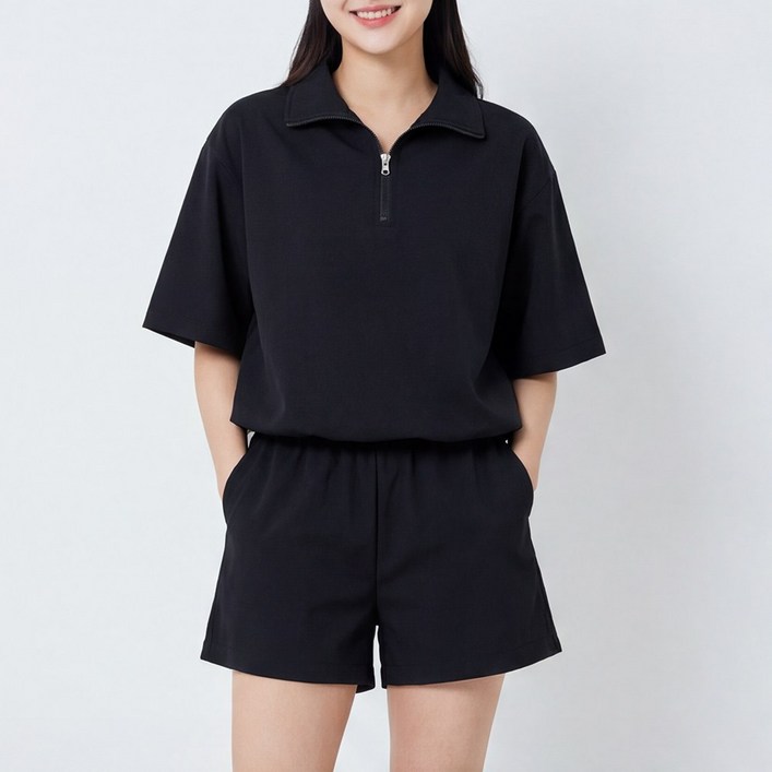 라뷰드 루즈핏 아노락 반집업 반바지 세트 여성 여자 츄리닝 운동복 체육복 추리닝 트레이닝 여름 데일리 캐주얼 반팔 셋트 상하 상하의 바스락 나일론 옷 오버핏 패션 신상