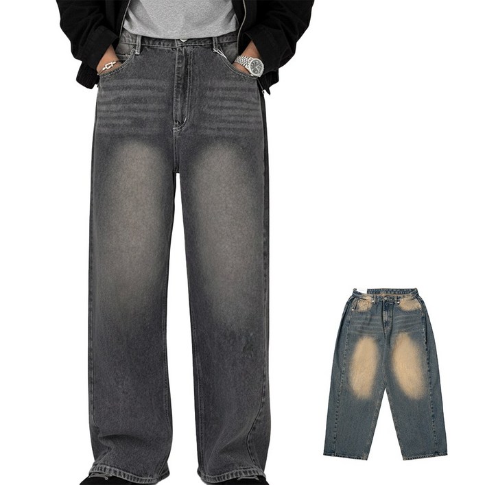 소프핸 Y2K 틴워싱 데님 청바지 남자 롱 와이드 사이드턱
