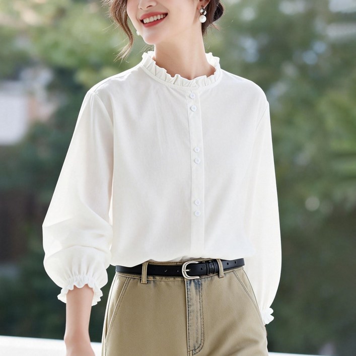 PETITBATH여성 심플 블라우스 프릴넥 퍼프 소매 데일리 스타일WZS60301