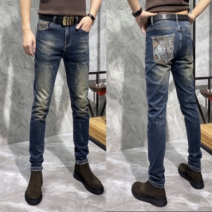 FEIJUN 남자 봄가을 청바지 워싱 데님 토템 플라워 스판 슬림 스키니 팬츠 335D