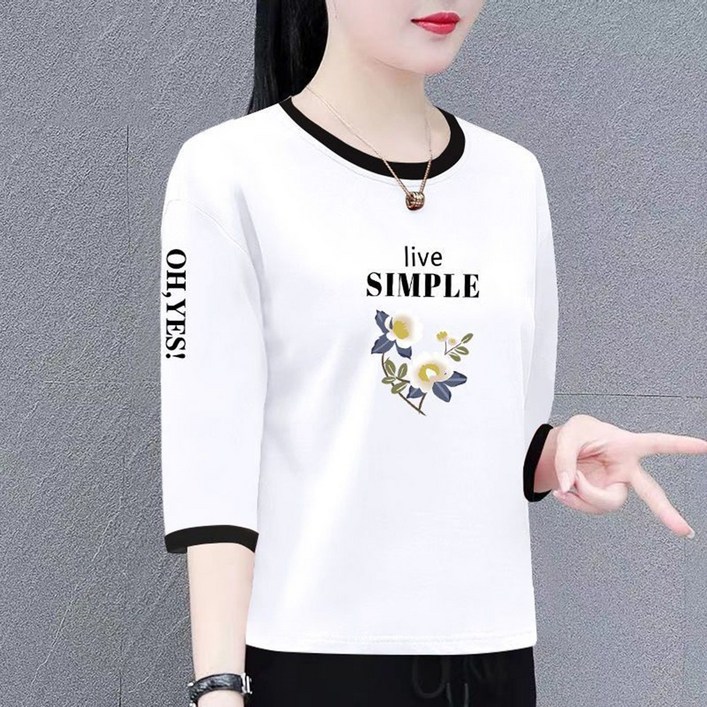 ROYALBELLE 여성 프린팅 라운드넥 순면 티셔츠 7부소매 루즈핏 중년여성 티셔츠 V033021