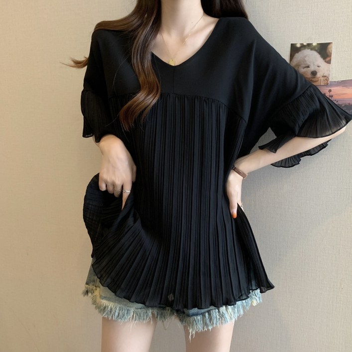 해피유통   여성용 여름 플리츠 블라우스 V넥 루즈핏 반팔 얇은 소재    mgy
