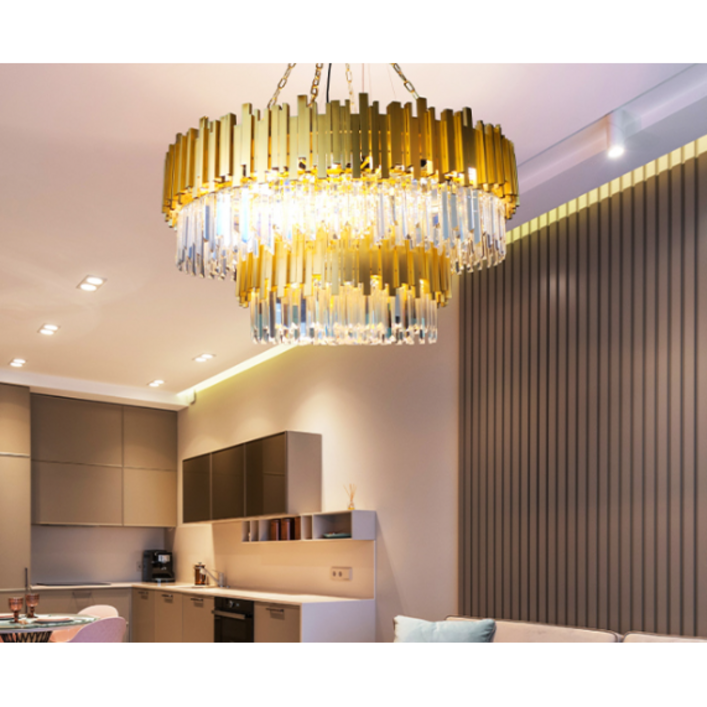 LED 인테리어 주방 거실 카페조명 골드 크리스탈 플라워 32등 펜던트, LED콘램프 12W 전구색노란빛 32개