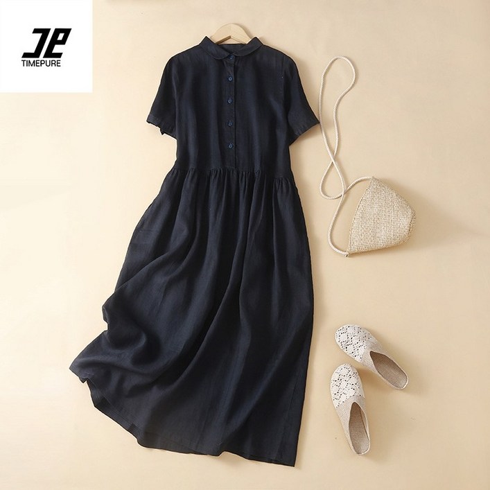 여성 시원 편안 린넨 소재 오버핏 A라인 롱 원피스 캐주얼한 디자인 봄 여름 가을 매력 반팔 스타일 활동적 일상 생활 안성맞춤 새로운 시즌스타일링