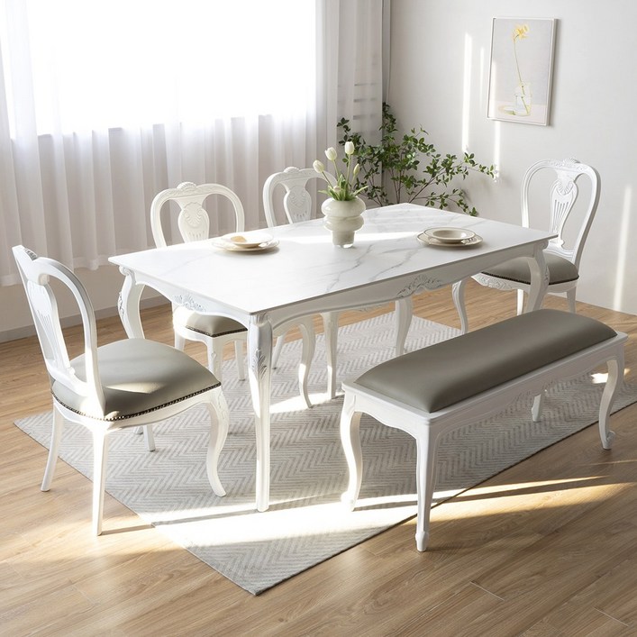 피어젠가구 린 프렌치 앤틱 포세린 세라믹 6인용 식탁  봄베이 의자 벤치 세트