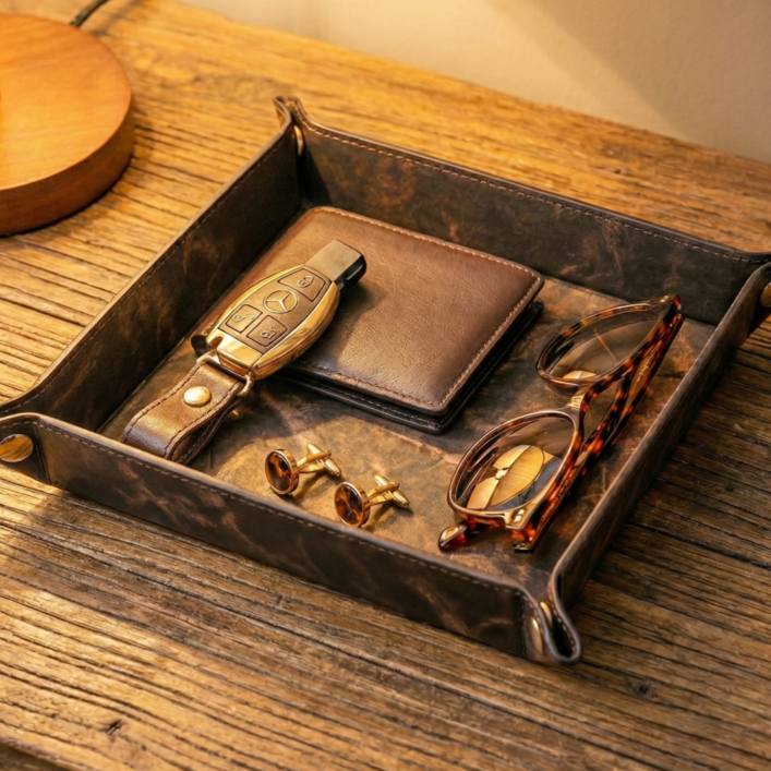 위즈쇼퍼 모던 래더 사각 트레이 현관 차키 악세사리 소품 정리함, WS블랙