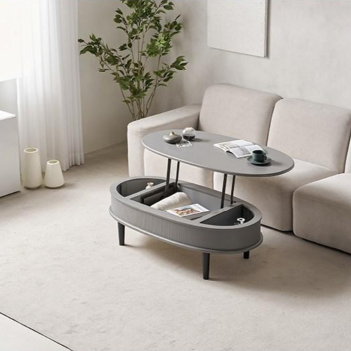 국내제조 듀얼리프트기계 빠른출고 템바 타원형 거실리프트업테이블, 다크그레이