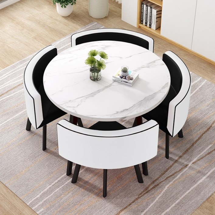 MEETON 감성 인테리어 4인용 티 테이블 세트 원목 의자포함 식탁 원형 카페 둥근모서리, 원형마블화이트체어화이트블랙, 4인용
