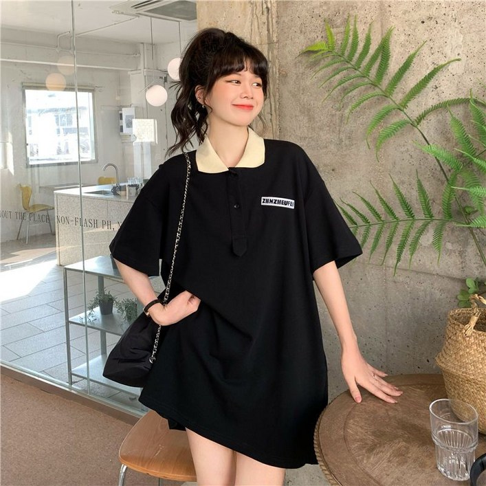 여름 여성용 반팔 롱티 카라 티셔츠 오버핏 캐주얼 미니 원피스 빅사이즈 심플 면티 풀오버 배색