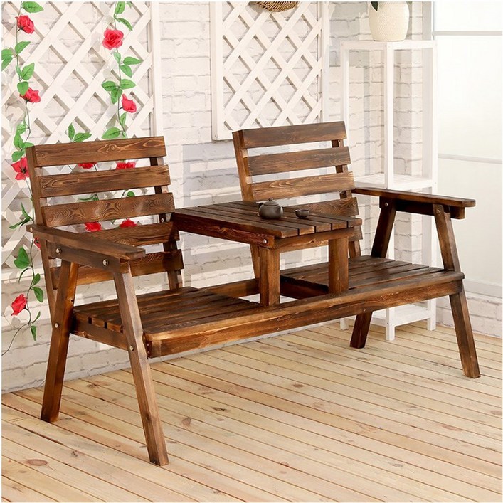2인 원목 벤치 의자 나무 야외 정원 공원 카페 우드 엔틱 파라솔 테이블, 1개