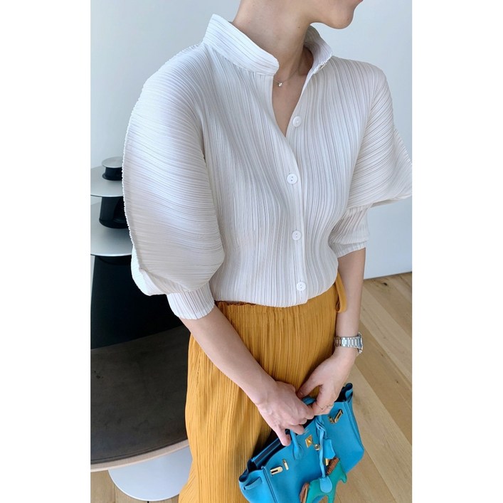 블랑누아  하이퀄리티 프리미엄 플리츠 날개 가디건 블라우스