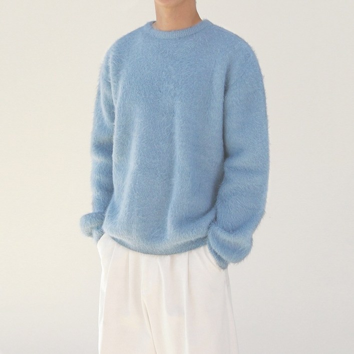 지디오 남성 앙고라 니트티 베이직 긴팔 스웨터 레귤러핏 라운드 니트 티셔츠