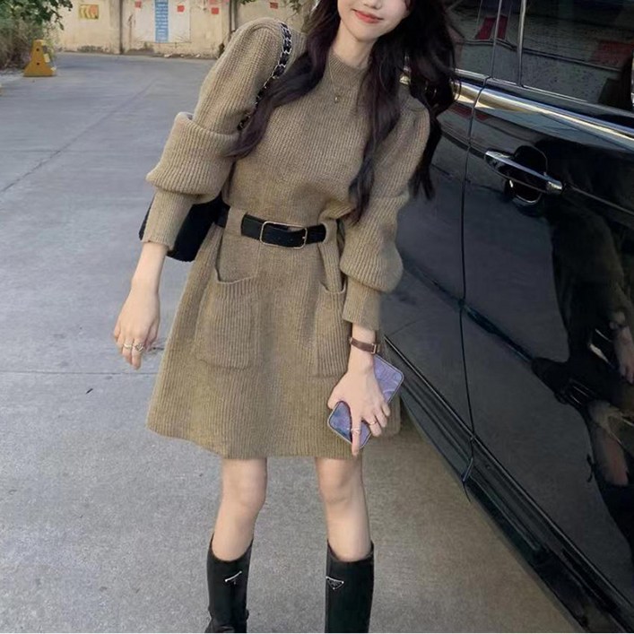 POMTOR 가을겨울 여성 캐주얼 벨트 허리여밈 니트 반폴라 원피스 긴팔 데일리 스커트