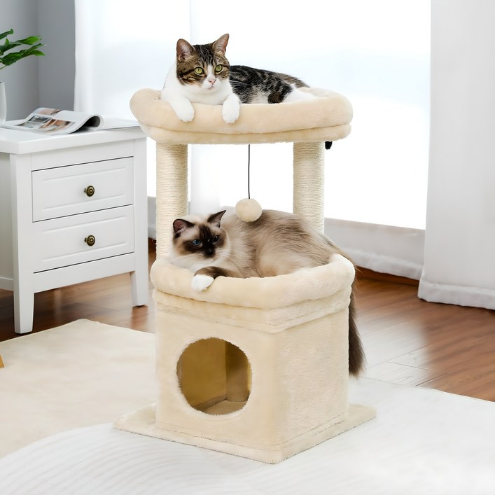 PAWZ Road 3단 소형 캣타워 고양이 하우스 낮은 플랫폼 숨숨집 기둥형 스크래쳐 패브릭 68cm