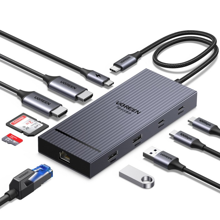 UGREEN 유그린 Revodok Pro 10 in 1  도킹 스테이션 듀얼 HDMI 2.0 4K60Hz 디스플레이 10Gbps PD100W  USB C 멀티허브