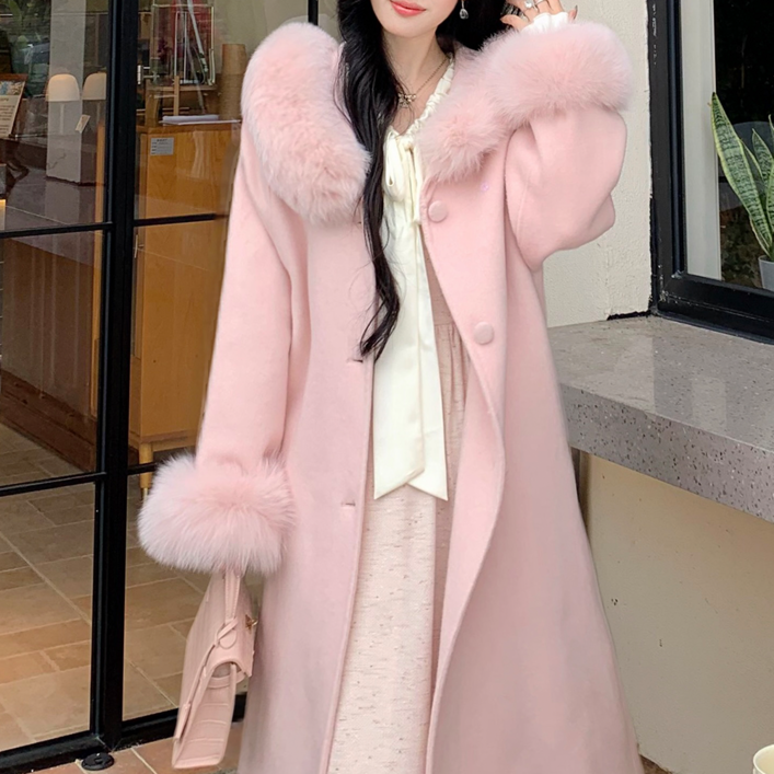 여성 울100 핸드메이드 폭스퍼 롱코트 리얼폭스 퍼카라 핑크 아우터
