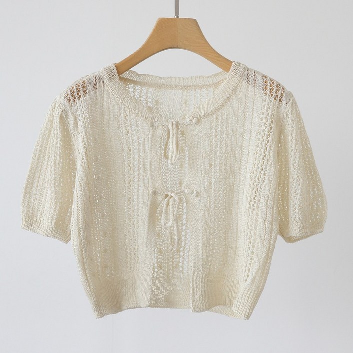 제니트 여성 사랑스러운 리본 코어룩 스카시 레이어드 물결넥 크롭 반팔 니트 가디건