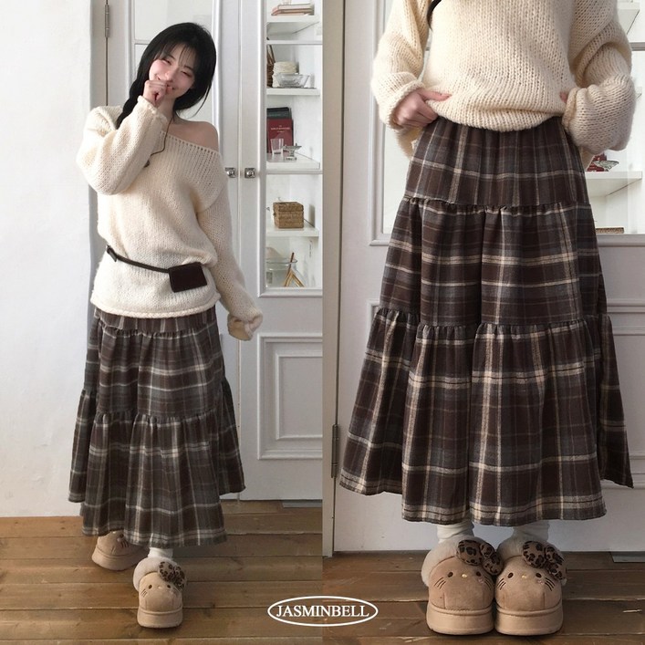 자스민벨 시유 안감내장 모직 체크 캉캉 밴딩 롱 스커트 치마 여리핏 데이트룩 러블리 A라인 하체커버 하비추천