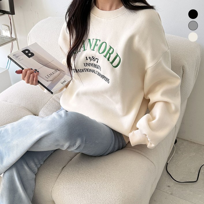 디테일웨어 여성 기모 스텐포드 맨투맨 자수 레터링 오버핏 긴소매 티셔츠 도톰한 여자맨투맨 귀여운 데일리룩 스웻셔츠